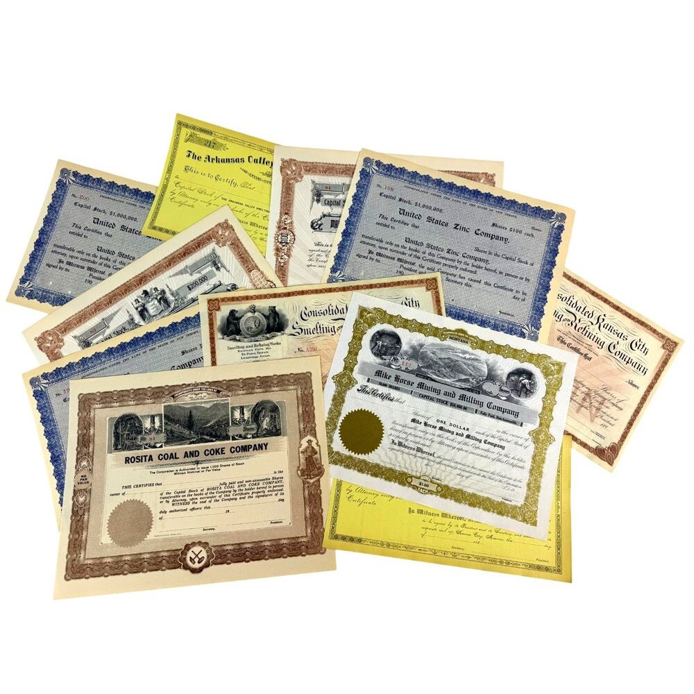 Lot Of 12 Vintage Stock Certificates Mining Metal Milling Smelting Refining Coll